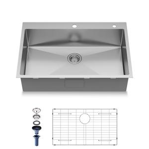 Frogink 25" Drop in Kitchen Sink Handmade Topmount 16 Gauge 304 Stainless Steel Single Bowl Kitchen Sink with Accessary in 25"Lx22"Wx10"D