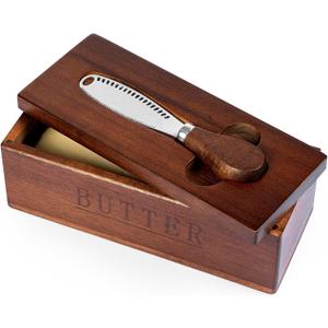 Butter Dish with Magnetic Lid, Acacia Wood Butter Keeper With Knife, Detachable Butter Container With Cover For Countertop Refrigerator
