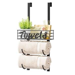 HapiRm Towel Racks for Bathroom Storage - 3 Tier Over The Door & Wall Mount Rolled Towel Storage Organizer Holder with Metal Shelf Basket for Small Bathroom, Camper, Rv - Black, Patented