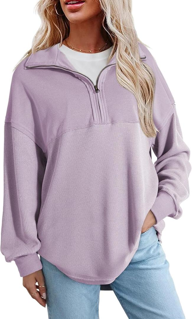 SHEWIN Womens Fall Sweatshirt Casual Waffle Knit Half Zip Pullover Loose Long Sleeve Tops 2026 S