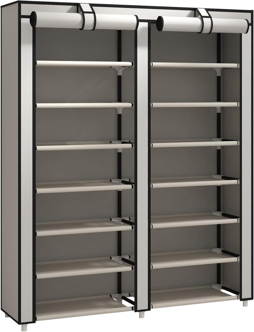 JIUYOTREE Double Row Shoe Rack Storage Organizer with Big Capacity,7-Tier Shoe Cabinet,Shelf,Closet with Nonwoven Fabric Cover for 28 Pairs of Shoes,Grey