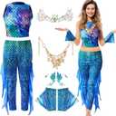 Leumoi 6 Pcs Mermaid Costume for Women summer Fish Scale Print Top Pants Gloves Starfish Pearl Necklace Set for Cosplay (M)