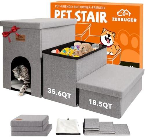 Zerbuger Dog Stairs with Condo 18" H, 3-Step Wider Dog Steps for High Beds Couch, Folding Storage Pet Stairs Gift for Small/Medium/Large Old Dogs Cats, Ramp for Climbing Car Up to 200 lbs, Smok Gray