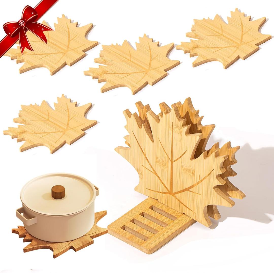 Bamboo Trivets for Hot Dishes, Pots & Pans - 6 Large Heat Resistant Pot Holders Trivet Set with Maple Leaf Design, Non-Slip for Kitchen Countertops & Dining Table