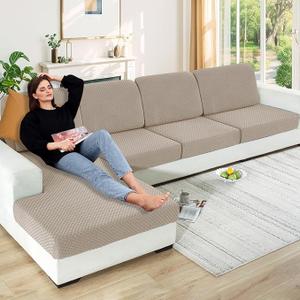  Stretch Individual Cushion Covers Large Sofa Seat Cushion Slipcovers Soft Couch Cover Replacement Large Checkered Furniture Protector with Elastic Bottom (3 Pcs XL Cushion Covers, Khaki)