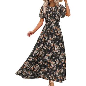 Simplee Womens Casual Floral Summer Maxi Dress 2026 Boho Flowy Short Sleeve Crew Neck Vacation Smocked Chiffon Dresses (Brown, XL)