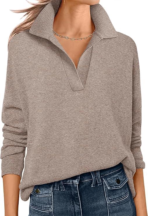 ANRABESS Womens Polo V Neck Long Sleeve Sweaters Lightweight Dressy Casual Business Basic Knit Pullover Top 2026 Fall Outfits, M