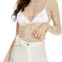 Mesh Lace Long Sleeve Layering Top for Women Mock Neck See Through Floral Shirt Tops(Beige,S) (White, S)