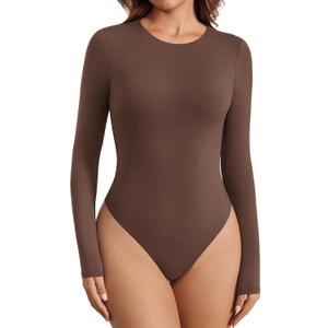 Avidlove Women's Crew Neck Long Sleeve Bodysuits Basic Slim Tops Double Lined Thong Bodysuit (Brown, L)