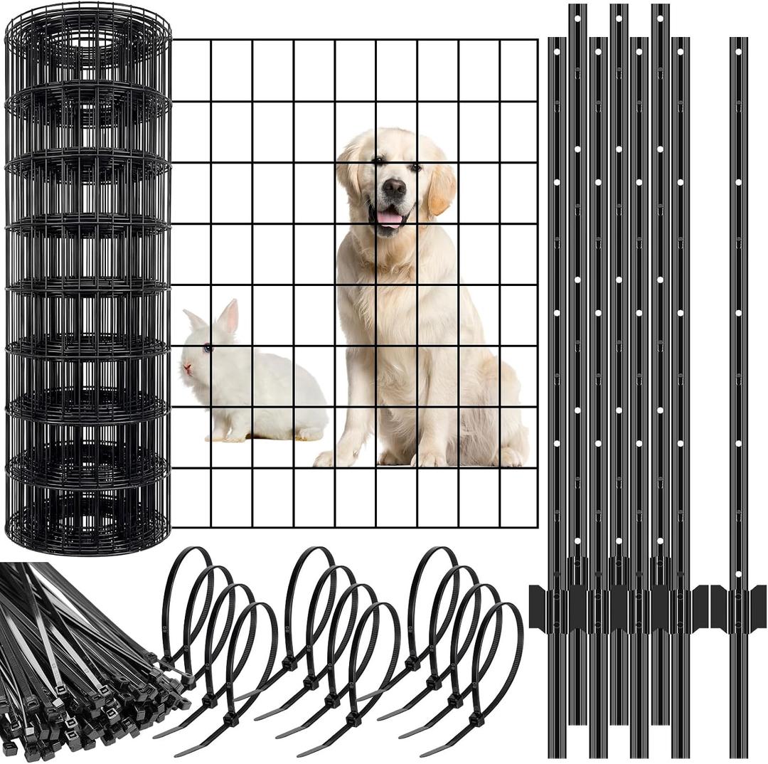 109 Pcs Black PVC Coated Wire Fence 2 x 50 ft, 2 x 3 Inch 16ga, Garden Fencing Roll and 3 ft Metal Fence Garden Fences T Posts and 8 in Zip Ties Cable Ties for Lawn Poultry Plant