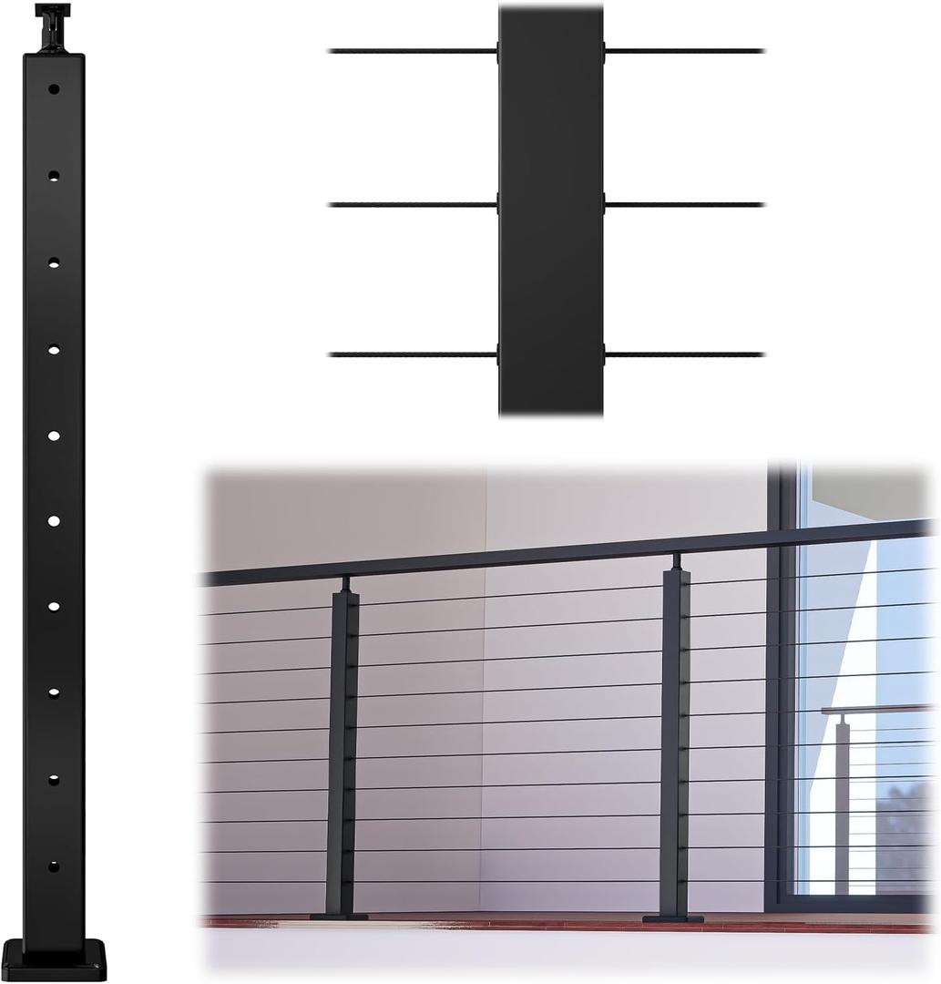 Muzata Black Cable Railing Post 36 Inch 36"x2"x2" Level Drilled Surface Mount T304 Stainless Steel Cable Railing System Kit Indoor Outdoor with Paper User Guide PS01 BH4S