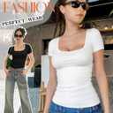 YOGINGO Womens Basic Square Neck Short Sleeve T Shirt Slim Fit Tee 2025 Summer Y2k Going Out Crop Tops Tight Sexy Shirts (Large)