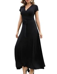 Aphratti Short Sleeve Maxi Dress for Women Casual Summer Faux Wrap Long Dresses,Solid Black,X-Large