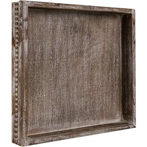 MAONAME Wood Serving Tray, Farmhouse Wooden Tray for Coffee Table, Rustic Square Trays with Beads, Vintage Brown Decorative Trays for Living Room, Kitchen, 12" X 12" X 1.6"