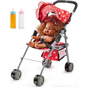 SYNCFUN Baby Doll Stroller Toy, Foldable Doll Stroller with Basket & 2 Magic Bottles for Toddlers, Unicorn Red Babydoll Toy for 3 4 5 Year Old Little Girls Gift, Easy to Assemble