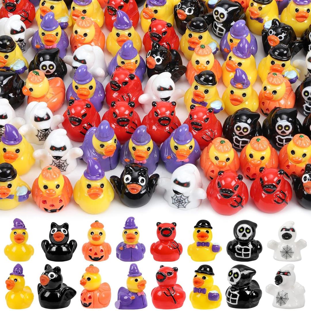 120 Pcs Halloween Mini Ducks 8 Styles Miniature Resin Ducks Bulk Skeleton Pumpkin Witch Devil Ghost Tiny Duck Figures for Halloween Party Favors Gift DIY Craft Dollhouse Decorations
