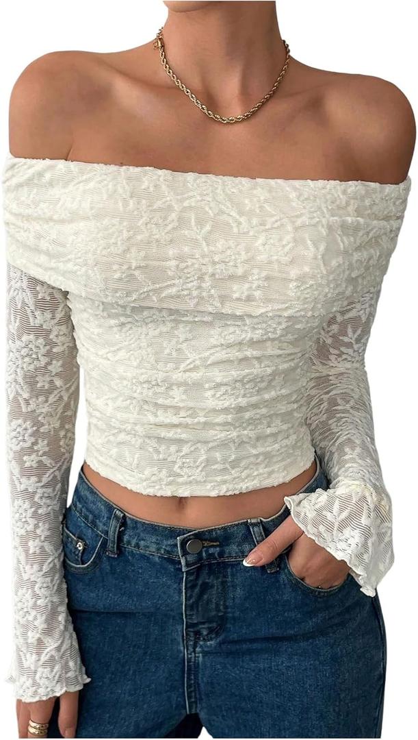 SOLY HUX Women's Floral Lace Off The Shoulder Tees Long Sleeve Shirts Tight Fitted Going Out T-Shirt Crop Tops, Small