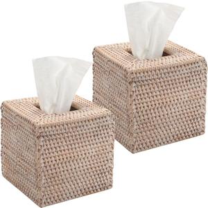2 Pack Rattan Tissue Box Cover Square, Wicker Tissue Box Holder, Decorative Woven Facial Tissue Holder for Bathroom, Kitchen, Living Room, Bedroom (5.5 x 5.5 x 5.7 inch, Whitewash)