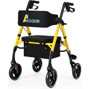 Lightweight Foldable Rollator Walkers for Seniors with Seat - Adult Rolling Walker with Seat and Brakes, 300 lb Capacity, All Terrain 8" Big Roller Wheels, Adjustable Handles and Seat Height, Yellow