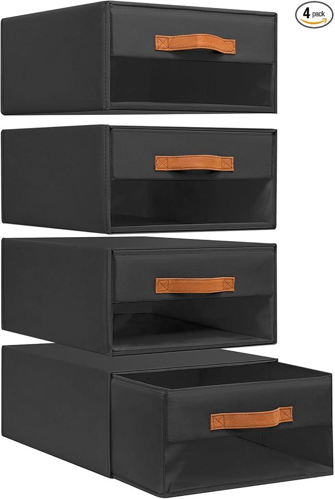 DIMJ Closet Organizers and Storage - Fabric Bins with Drawers for Closet Foldable Clothes Organizers with Clear Window, Stackable Storage Drawers Units for Bedroom, Living Room, Medium 4-Pack, Black