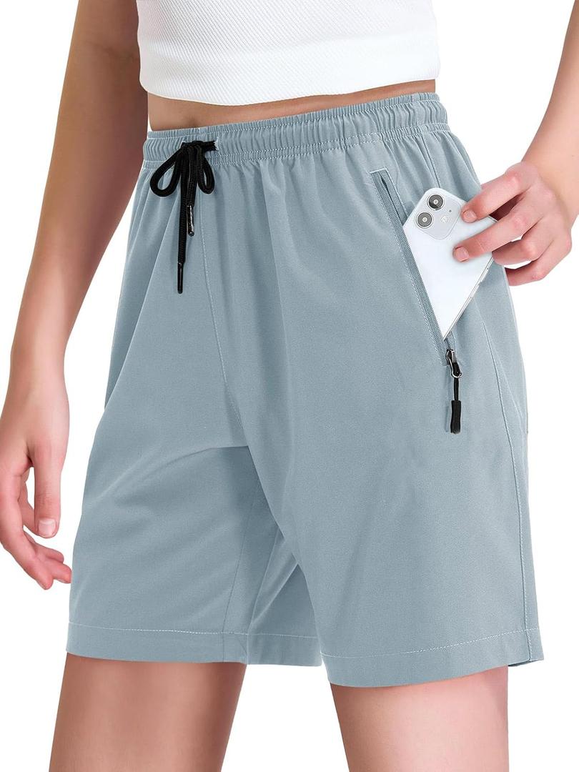 Haloumoning Girls' Hiking Cargo Shorts Quick Dry Lightweight Summer Drawstring Athletic Shorts with Zipper Pockets (8-9 Years, Blue Grey)