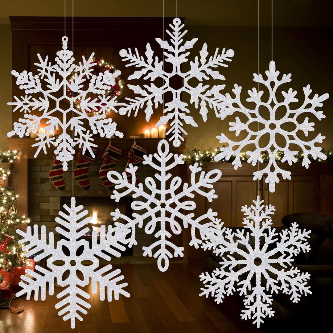 6 Pcs 15'' Large Snowflake Decorations  Giant Hanging Snowflakes, Plastic Snowflakes for Indoor & Outdoor Christmas Decor, Porch & Tree Decorations (White)