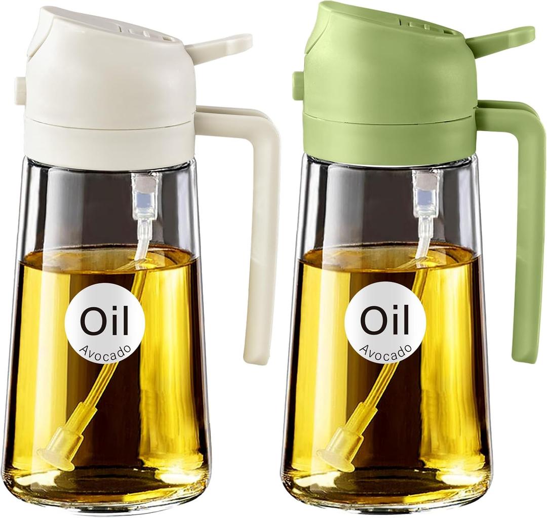 YARRAMATE 2Pcs 16oz/470ml 2 in 1 Oil Sprayer for Cooking with Stickers, Food-grade Glass Oil Spray Bottle, Oil Dispenser and Oil Sprayer for Kitchen, Salad, Frying, BBQ (White & Green) (06_2Pcs Green&White)