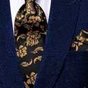 Hi-Tie Mens Plaid Ties Classic Paisley Necktie with Handkerchief Cufflinks Set Business Stripe Tie (Black Gold Floral)