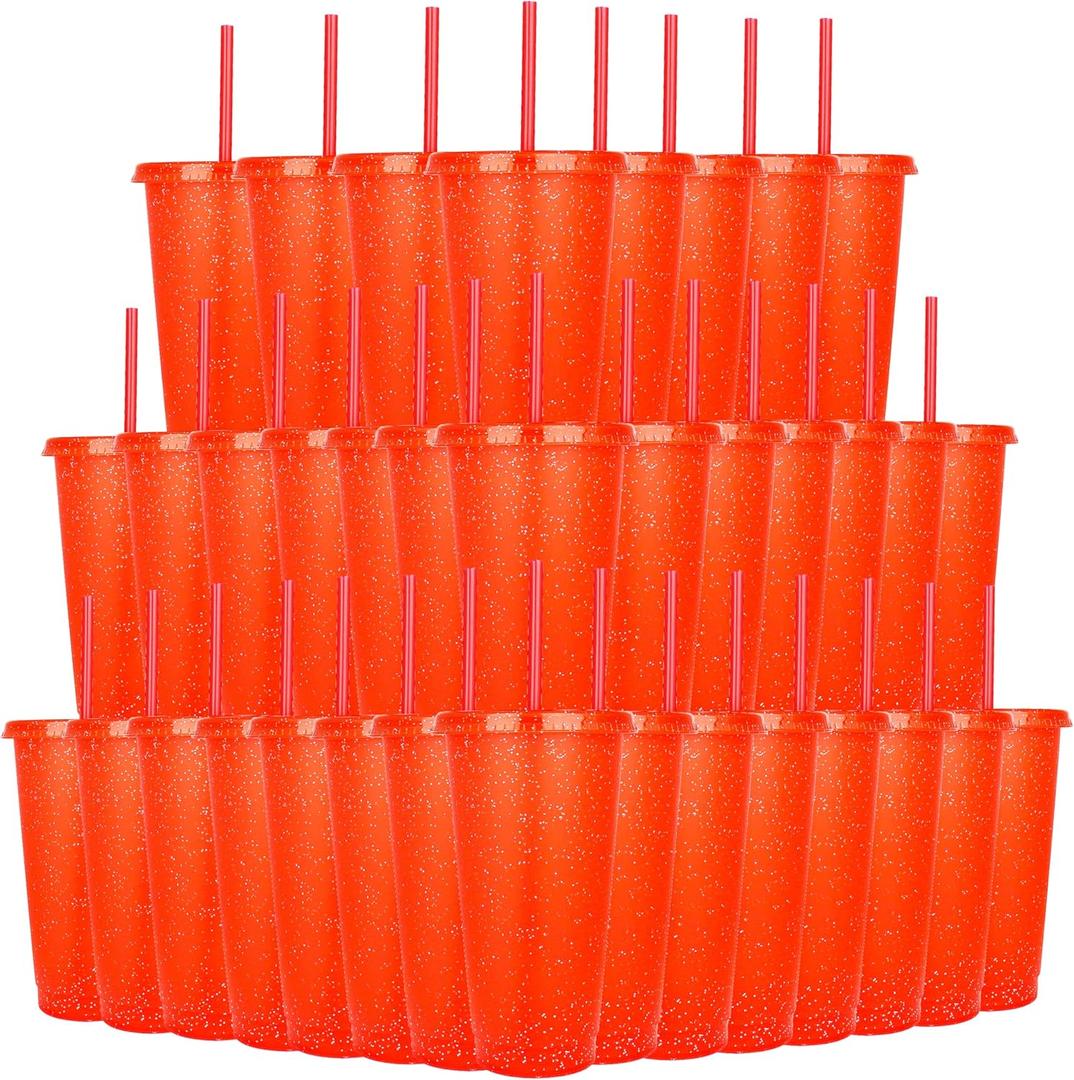 Suertestarry 36 Pack Plastic Reusable Cups 24oz Bulk Tumblers with Lids and Straws for Adults Kid Women Party, Smoothie Cups for Iced Coffee Travel Cup (Orange)