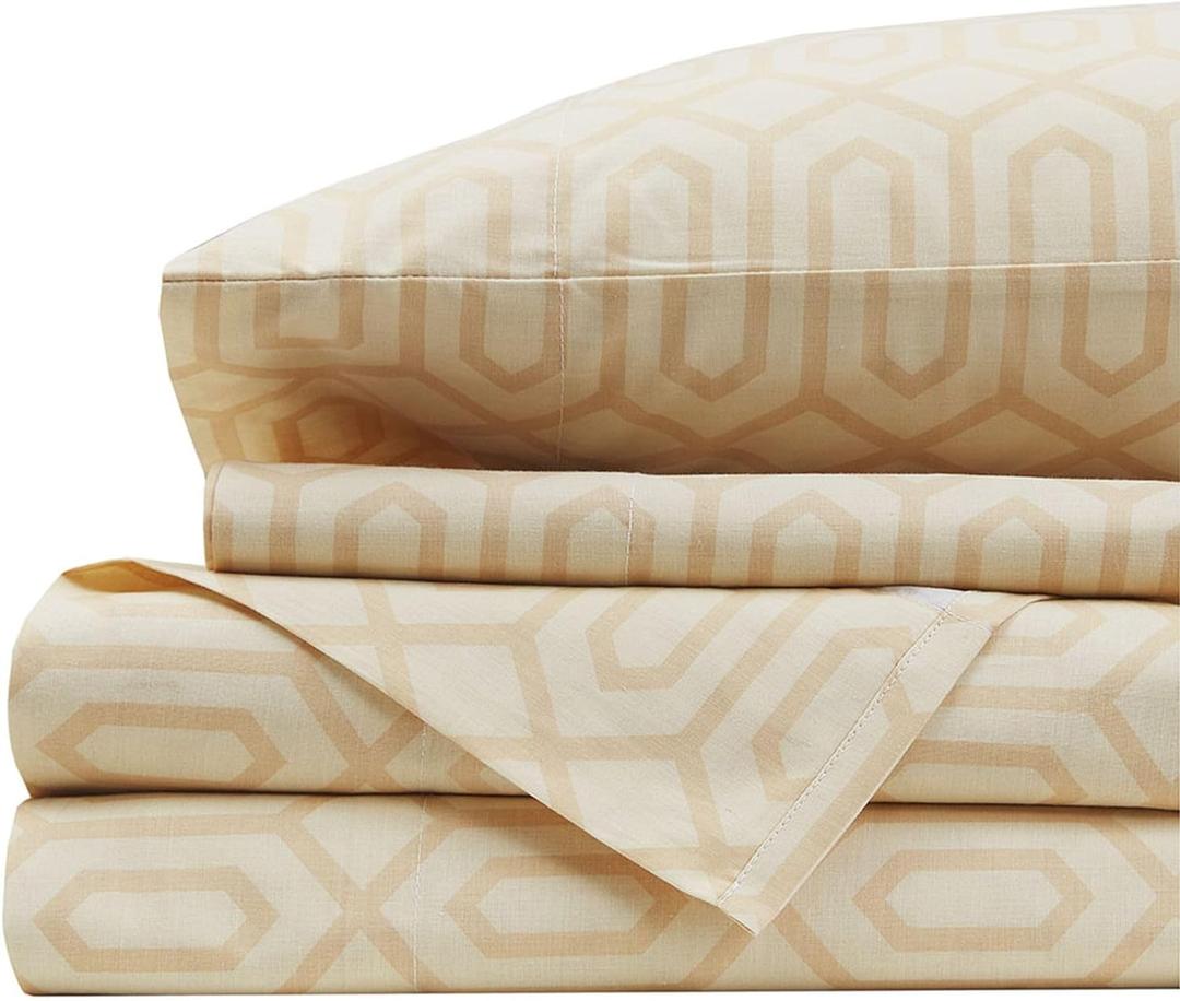 Comfort Spaces 100% Cotton Sheet Set Breathable, Lightweight, Soft with 14" Elastic Pocket Fits up to 16" Mattress, All Season Cozy Bedding, Matching Pillow Case, King Diamond Tan 4 Piece