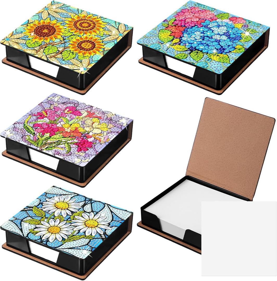 Saillong 4 Pcs Flower Theme Diamond Art Note Box Kit Sunflower Daisy Diamond Painting Memo Box Hydrangea Paper Holders with 160 Sticky Notes for DIY Office Supplies Gifts