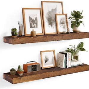 36x6.8x2 Inch Rustic Floating Shelves for Wall Set of 2 - Brown Solid Wood Wall Mounted Shelves with Invisible Bracket, Extended Design for Farmhouse Living Room Bedroom Kitchen Decor