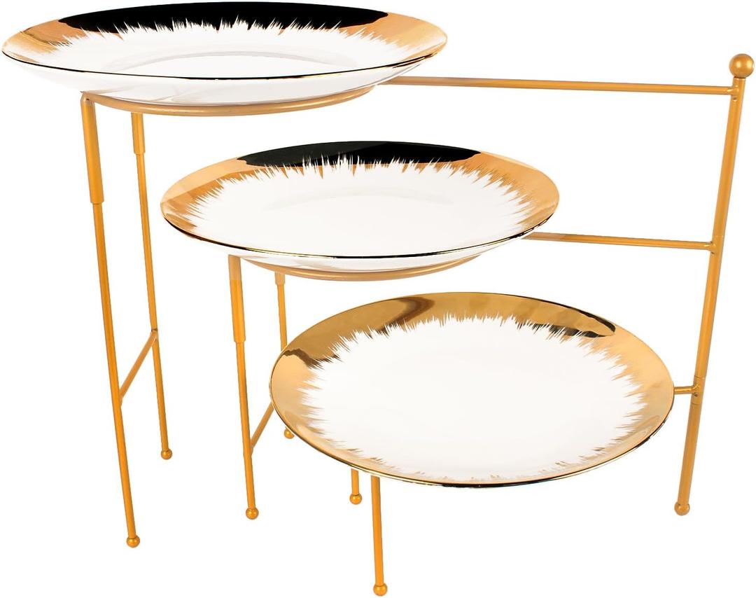 Ceramic Round Gold Rim Tiered Service Trays, 360 Swivel Collapsible 3 Tiered Tray Stand Platter- Entertainment Decorative 3 Tier Serving Tray for Parties, Buffet & Daily Use (Gold Rim)