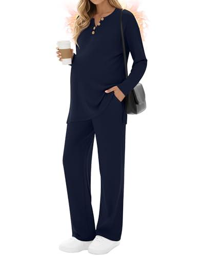 Sweetyweee 2 Piece Thermal Maternity Lounge Set Postpartum Pregnancy Fleece Loungewear Long Sleeve Top and Wide Leg Pant(Navy Blue,Small)