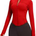 Women's Cropped Running Workout Jackets Zip Slim Fit Athletic Tops with Thumb Holes Medium
