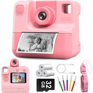 Kids Camera Instant Print, Christmas Birthday Gifts for Toddle Girls Boys Age 3-12, 24MP & 1080P Selfie Digital Camera with 3 Roll no-Ink Print Paper 32G SD Card