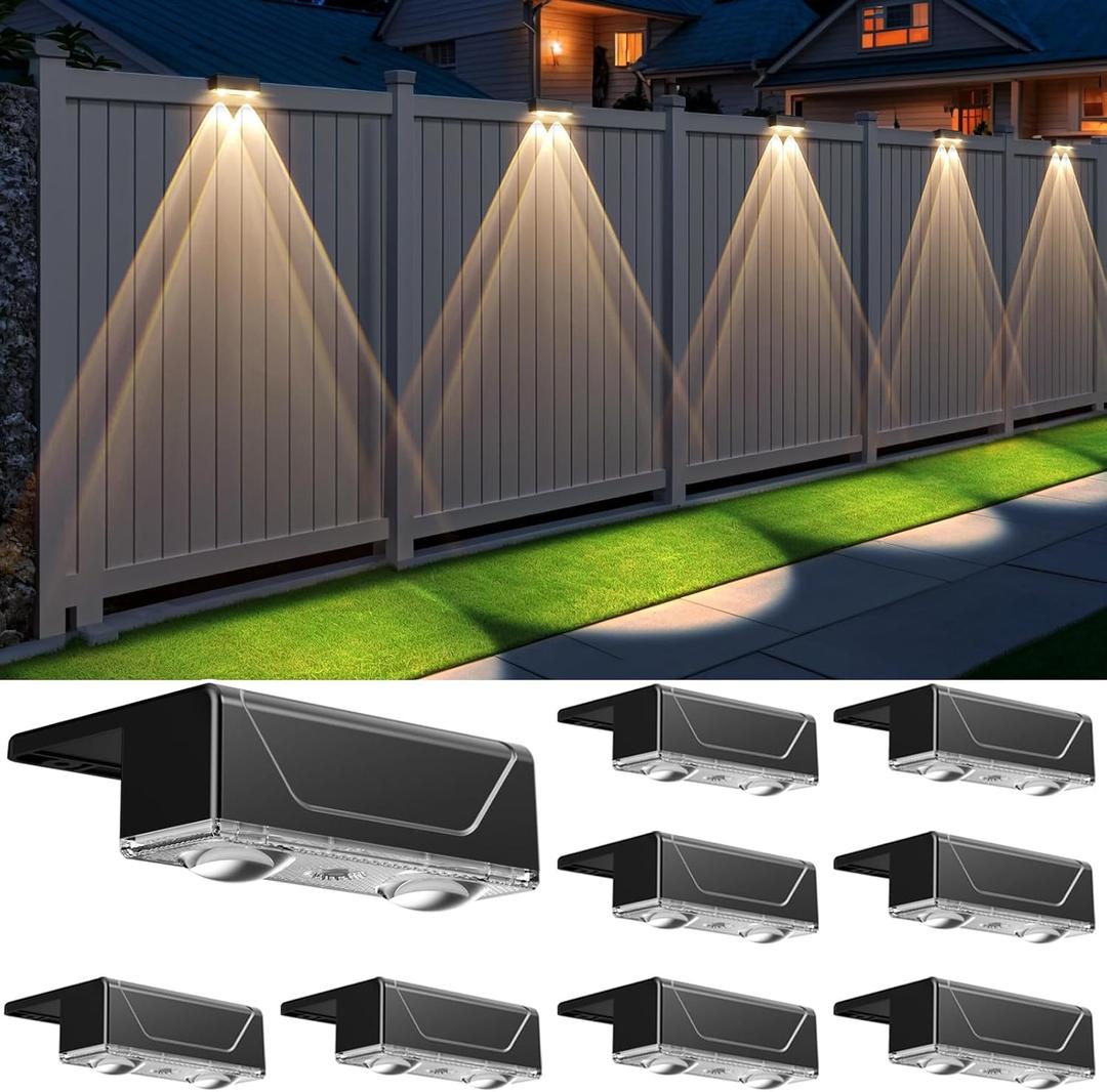 Solar Fence Lights Outdoor - 3 Color Modes(3000K/4000K/6000K), IP55 Waterproof Solar Lights, Fence Light Solar Powered for Outside, Backyard, Railing, Steps, Patio and Wall Lighting8Pack (8PK-WW)