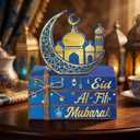 Geelin 4 Pcs Eid Mubarak Tiered Tray Decor Wooden Book Stack Signs, Blue Gold Islamic Crescent Moon Mosque Table Centerpiece for Ramadan Home Shelf Coffee Bar Mantel Decorations
