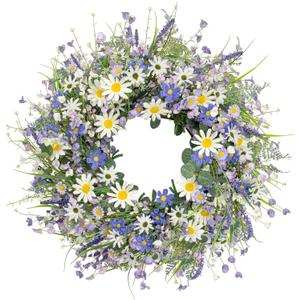24 Inches Summer Wreaths for Front Door Blue Summer Door Wreath Spring Floral Wreath with Wildflower White Sunflower for Porch Indoors Outdoor Window Home Decorations