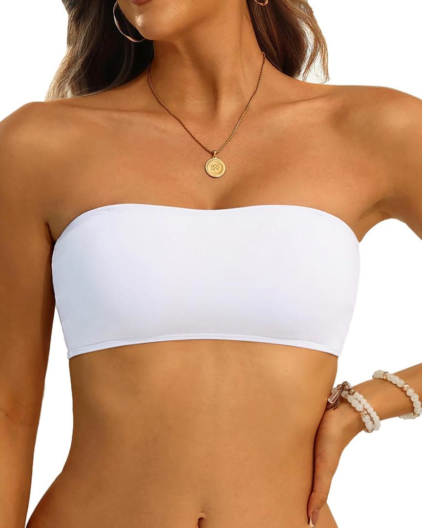 Aqua Eve Women Strapless Bikini Top Only Bandeau Swim Top Tube Top Swimsuit (Small, White)