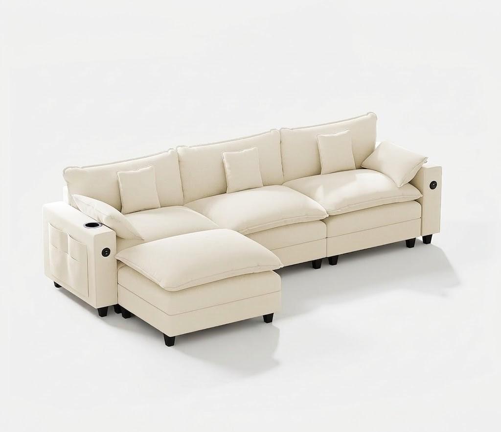 KCGKCG 116" Modular Sectional Sofa, L Shaped Cloud Couch with Movable Ottoman, Chenille Deep Seat Cloud Sofa with Charging Station, Cup Holder, Side Pocket, Sectional Couches for Living Room, Beige