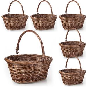 Barydat 6 Pcs Small Wicker Picnic Basket with Handle Flower Girl Baskets Oval Willow Woven Braided Gift Basket for Weddings Baby Shower Summer Home Garden Decor(9" X 7" X 4",Brown)