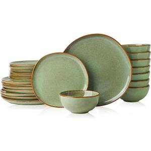 Stoneware Dinnerware Sets for 8, Reactive Glaze Plates and Bowls, Green