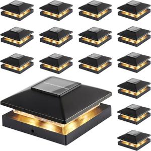 Solar Post Cap Lights Outdoor 16-Pack, Black Waterproof Solar Powered Deck Fence Lights Fit 4x4 Wood/Vinyl Posts, Bright Warm White for Patio, Porch