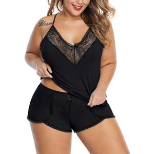 XAKALAKA Women Plus Size Pajamas Cami Shorts Set Nightwear Sexy Lace Lingerie Sleepwear (4X-Large, Black)