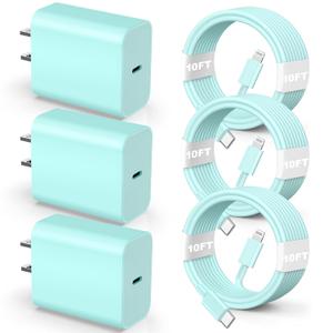 Compatible with iPhone, 3Pack 10ft USB C to ightning Cable Quick Phone Charger Cord for Phone 14/ 13/ 12/ 12 Pro Max/ 11/ Xs Max/ XR/ X, AirPods Pro and More, Blue