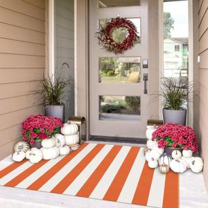 IOHOUZE Fall Door mat 3x5 Ft Orange White Striped Area Rug Washable Front Porch Rug Striped Door Mat Outside Entrance Entryway Doormat for Fall, Halloween, Thanksgiving Porch Decor