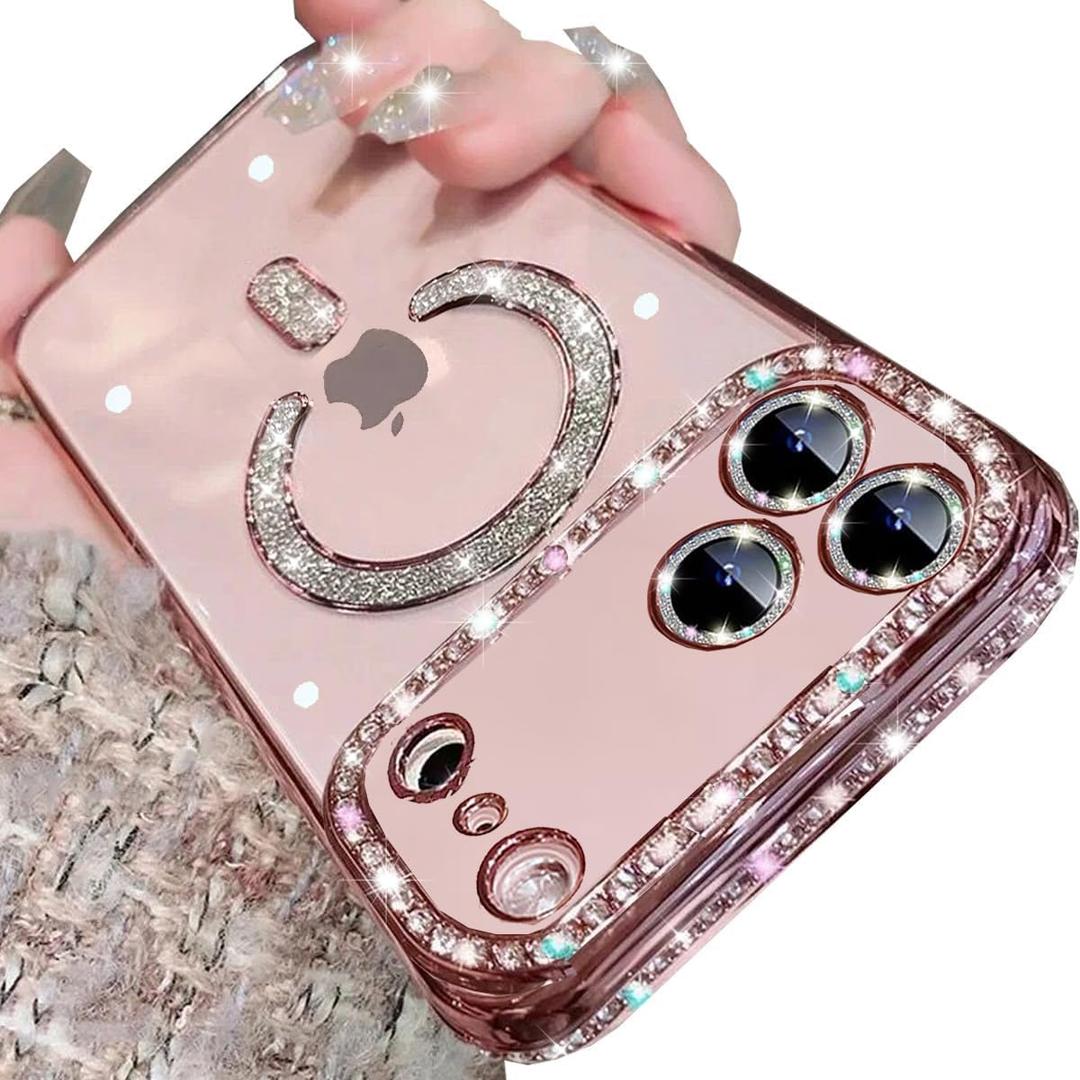 Changjia Magnetic Clear Glitter Case for iPhone 17 Pro Max,[Compatible with MagSafe] Cute Bling Sparkly Diamond Rhinestones with Camera Protector TPU Bumper Women Girls Case for iPhone 17 Pro Max,Pink