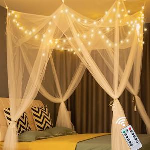 Obrecis White Bed Canopy with Star Lights for Girls, 8 Corner Post Princess Canopy Bed Curtains with 100 LED Star Lights String Color Changing for Bedroom Decor Twin Full Queen King Bed