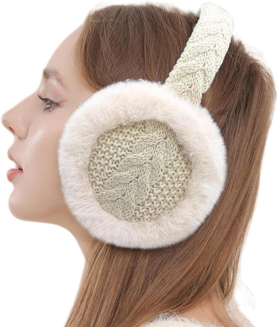 LCXSHYE Winter Women Ear Muffs Warm Knit Ear Warmers Girls Foldable Fuzzy Thick Earmuffs for Outdoor (Beige)